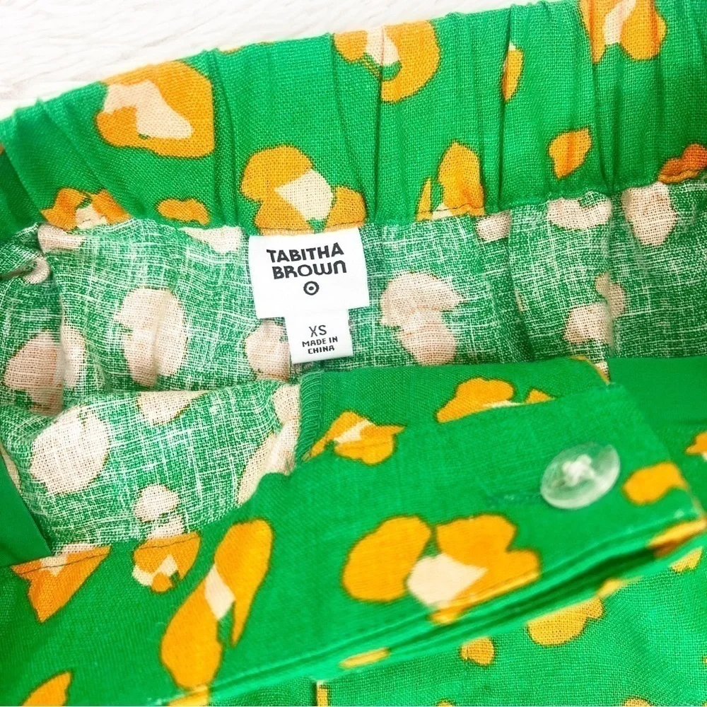 Tabitha Brown Green Orange Leopard Print Linen Shorts Size XS